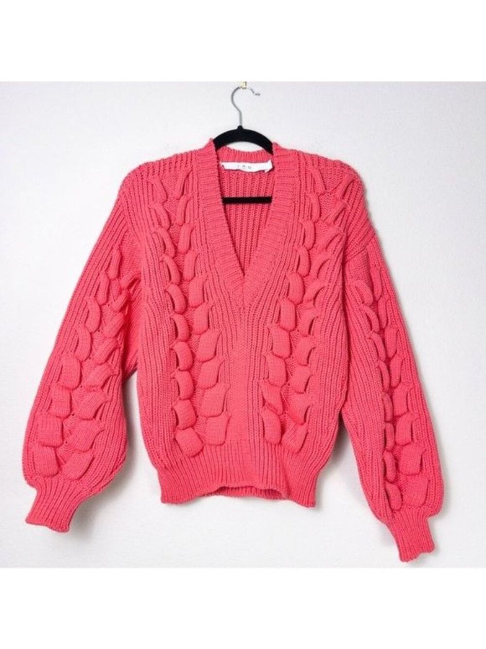 NEW IRO Arwy Chunky Cable Oversized V-Neck Sweater S 3D Knit Bubblegum Pink - Picture 5 of 13
